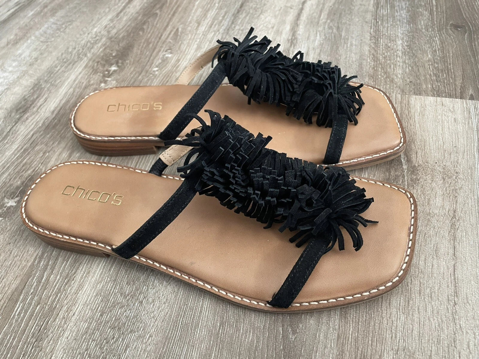 CHICO’S Delray Black Leather Suede Fringe Slide Sandals Shoes - Women’s Size 8