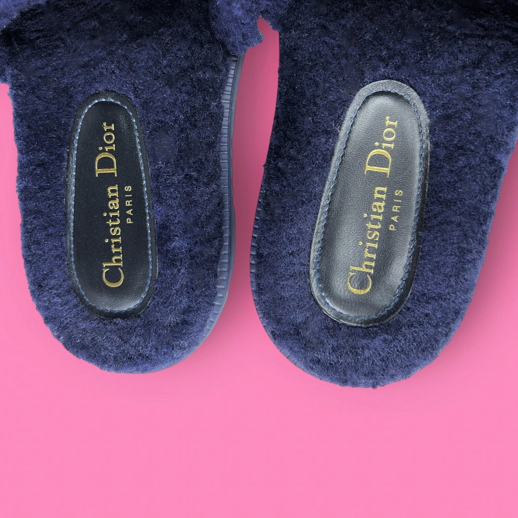AUTHENTIC Christian Dior Dway Shearling Fur Deep Blue Slides Sandals - Size 36