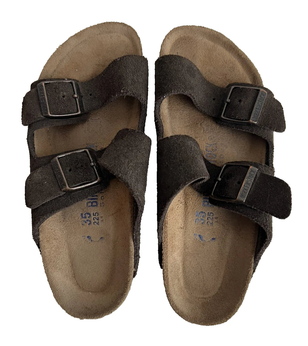 BIRKENSTOCK ARIZONA BROWN SUEDE & SOFT FOOTBED SLIDE SANDALS L4 .35 FREE SHIP