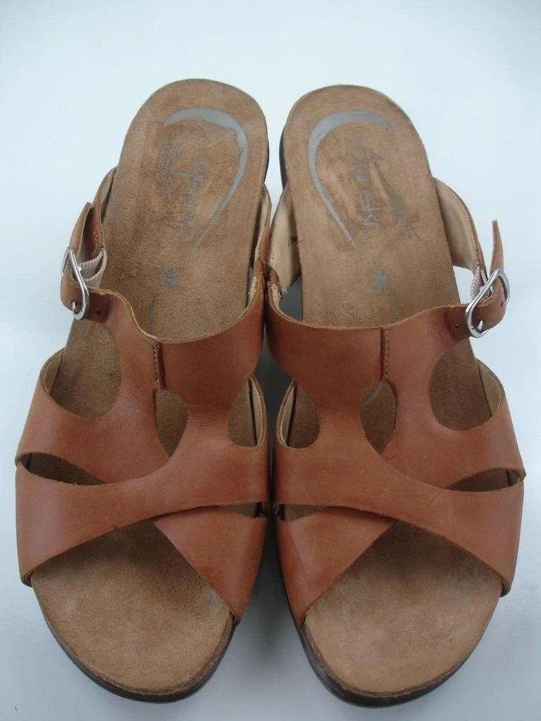 Women's 7.5 8 sz 38 Dansko Kai Tan Brown Leather Slide Sandals Clog Slip-On Heel