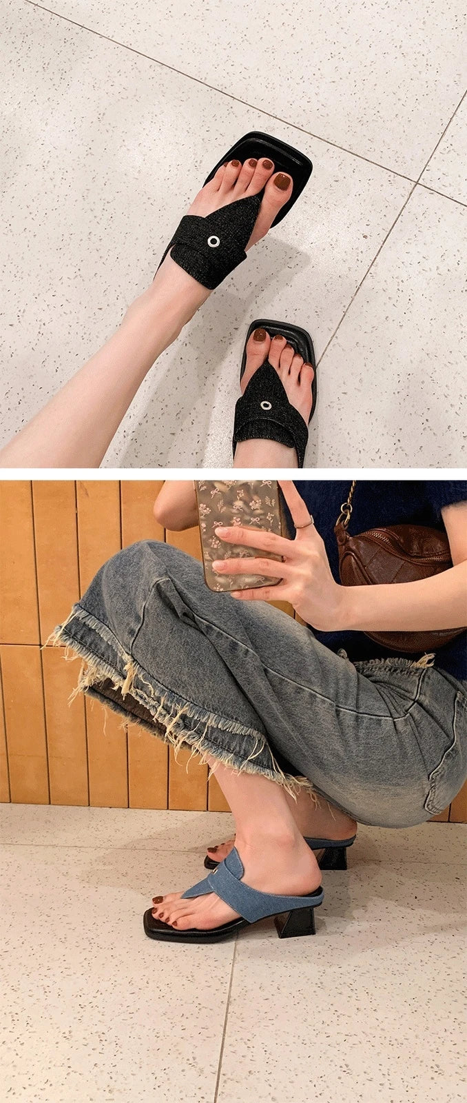 New Womens High Block Heel Slippers Sandals Summer Fashion Square Toe Mules Size