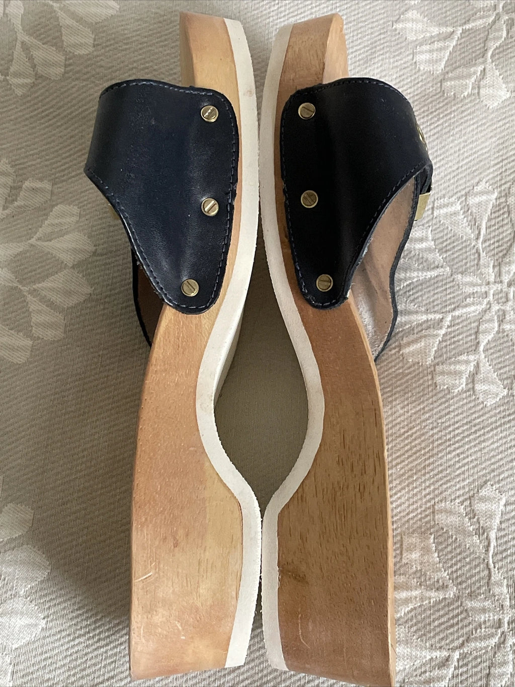 DR SCHOLLS Style Blue Leather? Wooden Sandals Sz 7