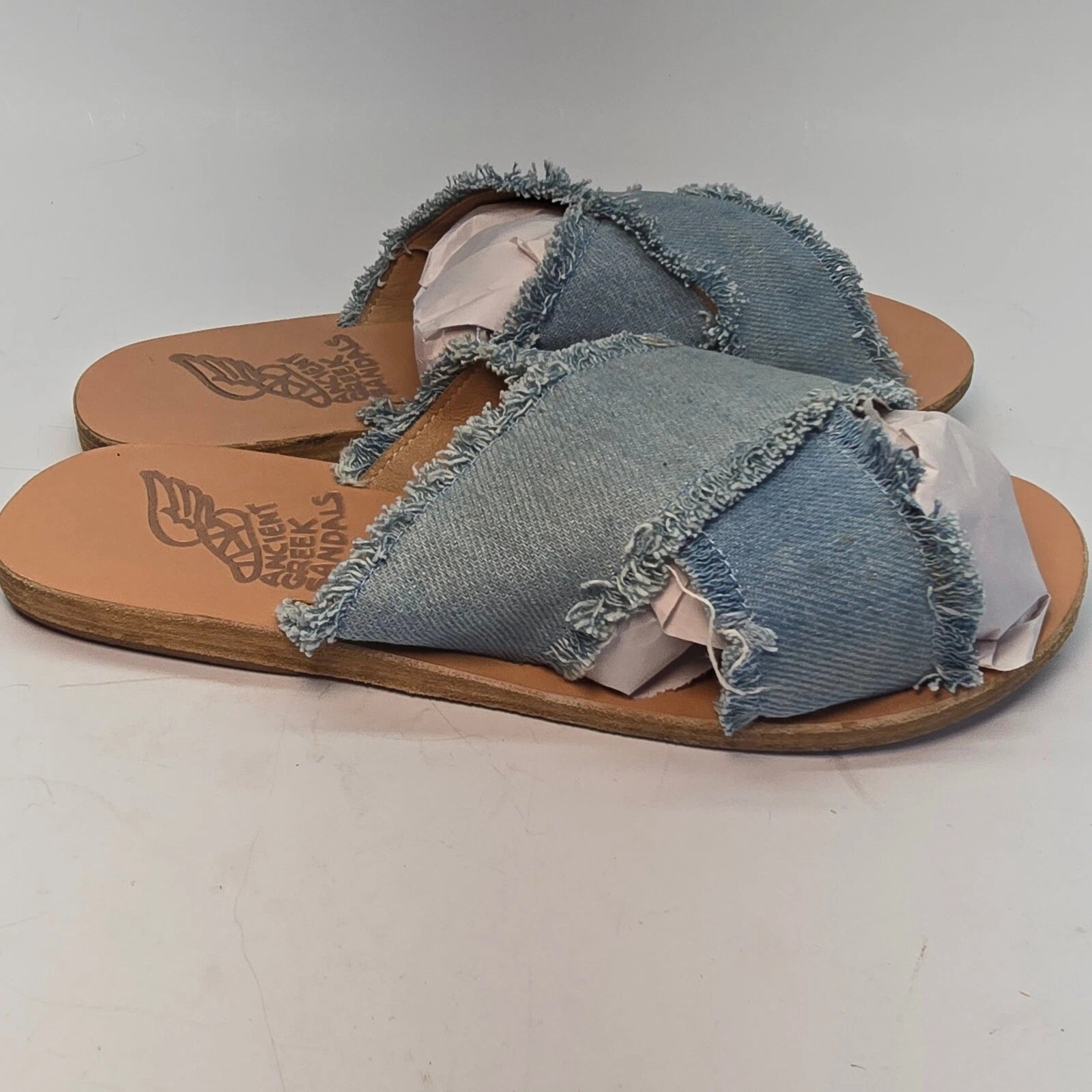 Ancient Greek Sandals Women's Size 8  Denim Frayed Slide Slip Ons Handmade Flats