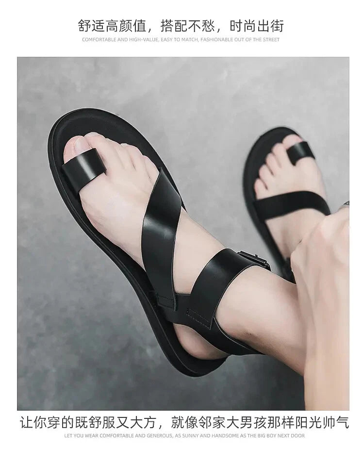 38-45 Mens Sandals Roman Style Ring Toe Slingback PU Leather Summer Casual Flats