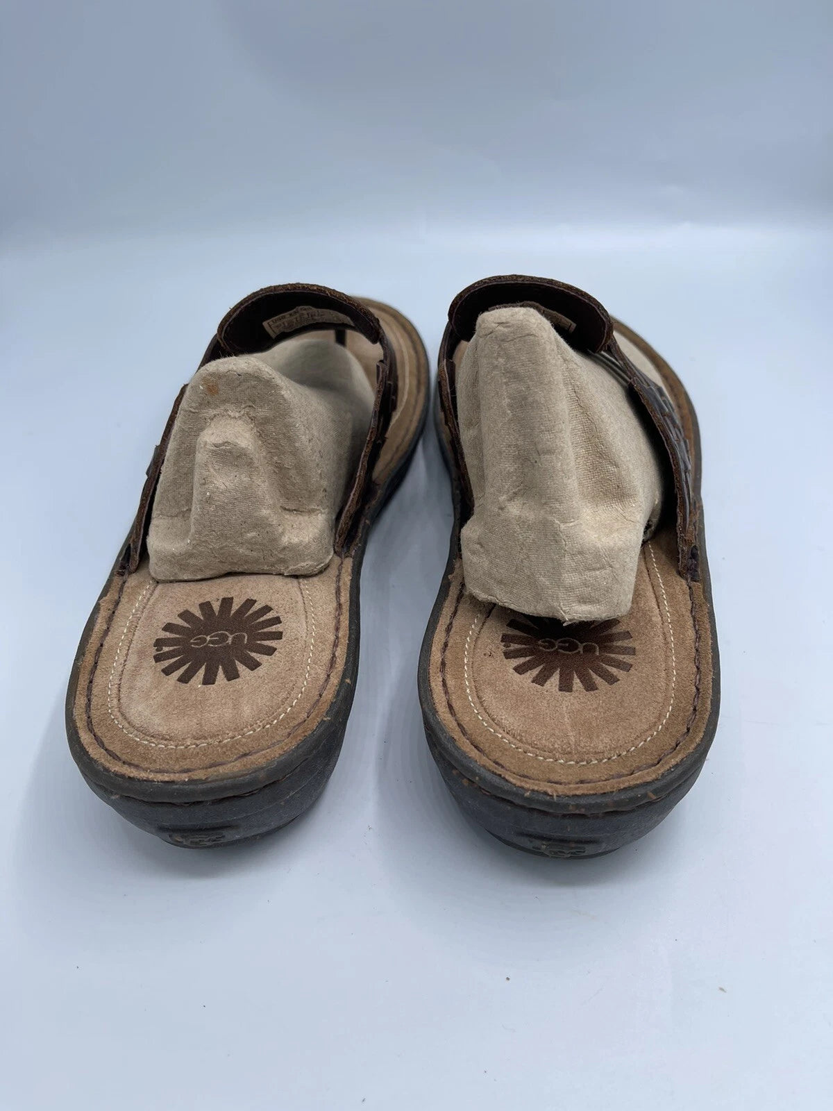 UGG Sandals Women’s Size 10 Woven Brown Leather Slide Style