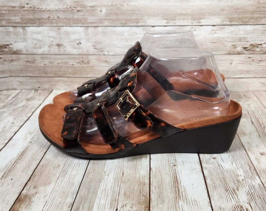 VIONIC Radia Brown Tortoise Shell Women's 10 WIDE Strap Wedge Slide Sandals NWOT