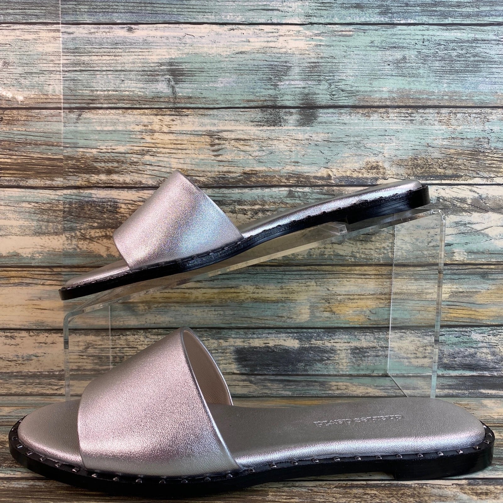 Charles David Slide Sandal Womens Sz 7.5M Silver Leather Low Heel Slip On Casual