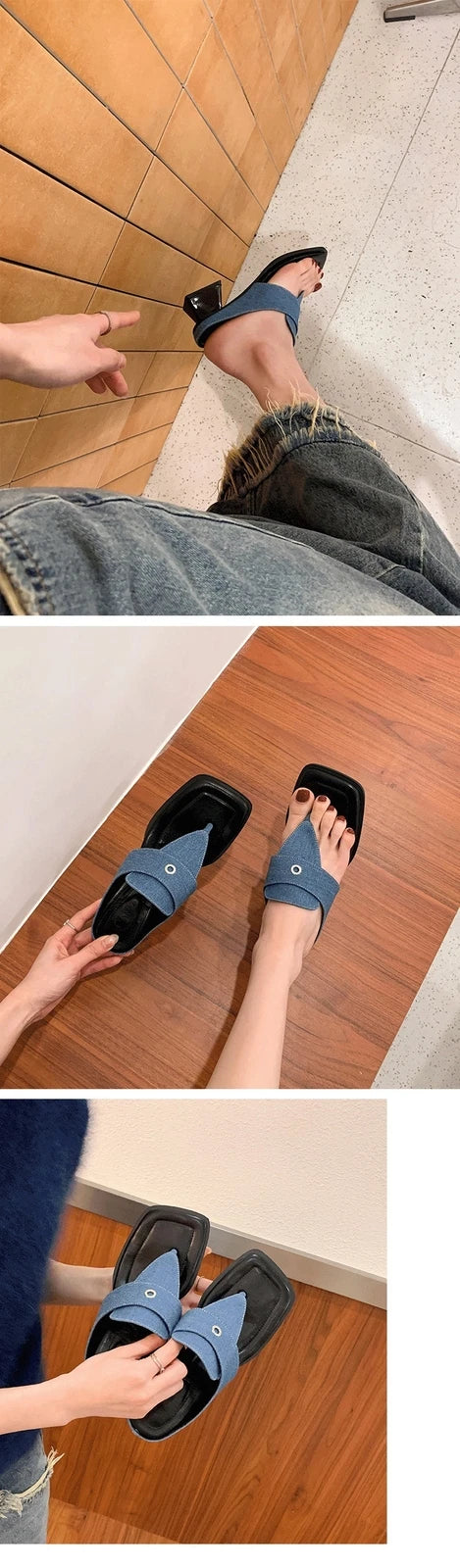 New Womens High Block Heel Slippers Sandals Summer Fashion Square Toe Mules Size