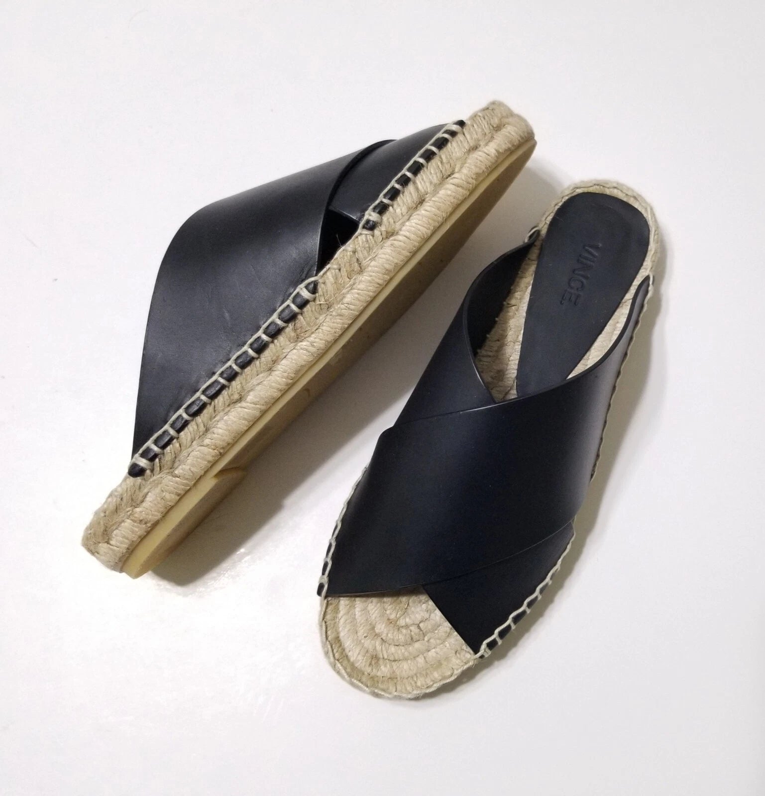 NIB Vince Castel Leather Crisscross Flat Espadrille Slide Sandal Black Sz 5 $225
