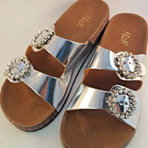 H2K KAREN STONE Buckle Ornament SILVER Fashion Slide Flip Flops Sandals Bling