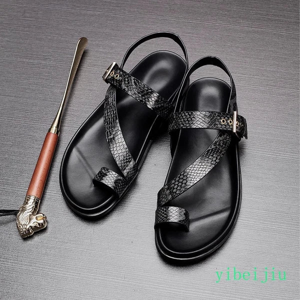 2025 Men's Clip Toe Flats Real Leather Sandals Roman Shoes Beach Summer Holiday