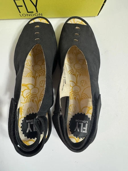 Fly London Women's Shoe Size 38 EU 7 US Cupido Black YEAY387FLY Wedge Sandal