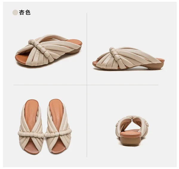 Summer Women Shoes Leather Fashion Low Heel Slippers Peep Toe Outdoor Shoe