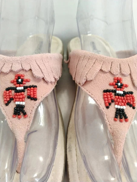 Minnetonka Pink Fringe Leather Suede Thong Sandals Western Style-Size 8