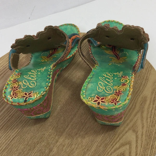 Corkys Elite Bay Leather Beaded Flower Slide Wedge Sandals Blue Green Artsy Sz 9