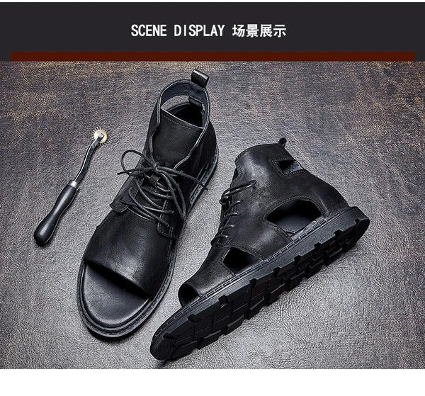 Roman Style Open Toe Sandals Ankle Boots Beach Real Leather Men Shoes Hollow Out