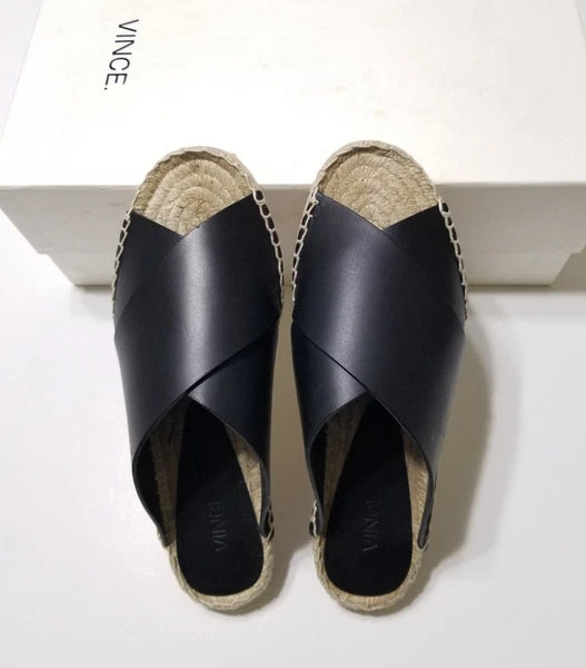NIB Vince Castel Leather Crisscross Flat Espadrille Slide Sandal Black Sz 5 $225