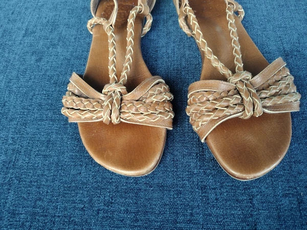 ELF Braided Leather Slides Sandals 8 Brown Leather Handmade Flat Straps