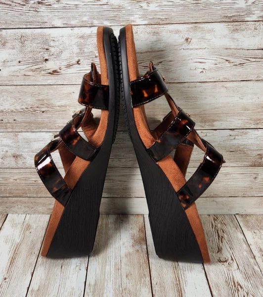 VIONIC Radia Brown Tortoise Shell Women's 10 WIDE Strap Wedge Slide Sandals NWOT