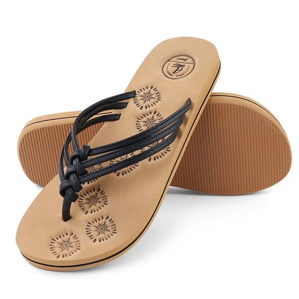 Aerusi Women Floral Flip Flops Black Open Toe Flat Sandals Cozy Shoes Size 7-10
