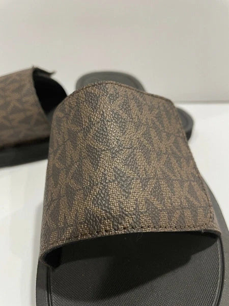 Michael Kors Wade Slide MK Signature Logo Sandals Adjust Closure Brown SZ 9 New