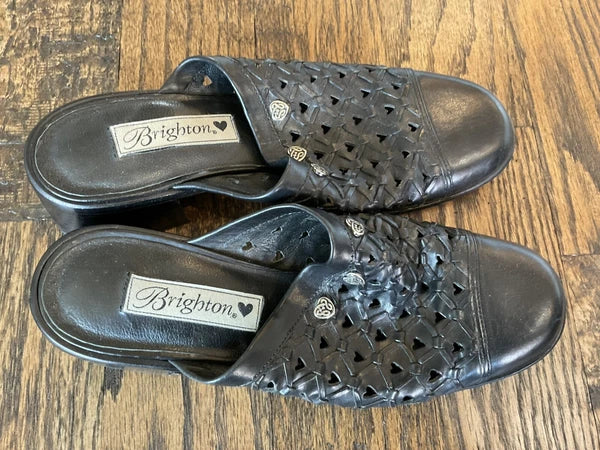 Brighton Fanny  Block Heel Slide Woven Black Leather Shoe Mule Women's Size 8 M