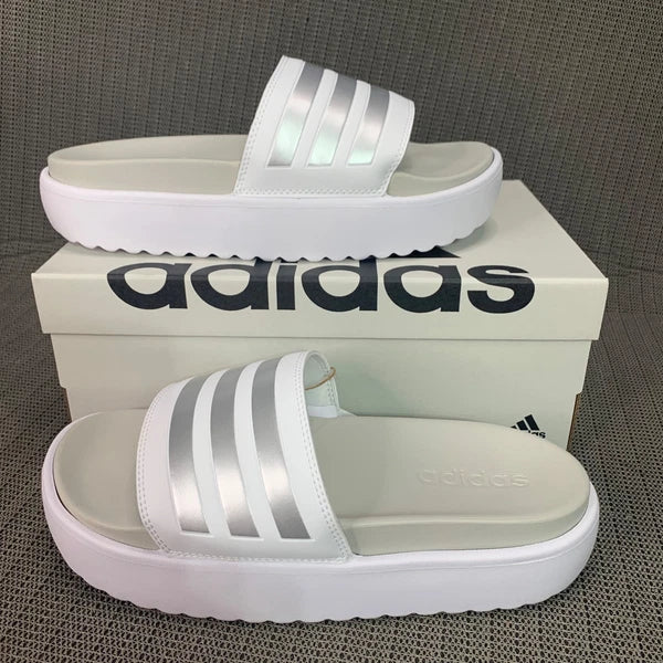 Adidas Adilette Womens Size 8 White/Silver Platform Slides fashionable footwear