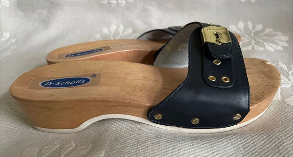 DR SCHOLLS Style Blue Leather? Wooden Sandals Sz 7