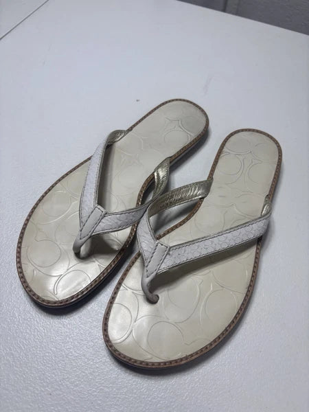Coach Women's Thong Sandal Size 6 Metallic Sliver Leather Slip On Slide Flat