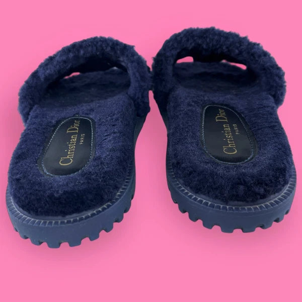 AUTHENTIC Christian Dior Dway Shearling Fur Deep Blue Slides Sandals - Size 36