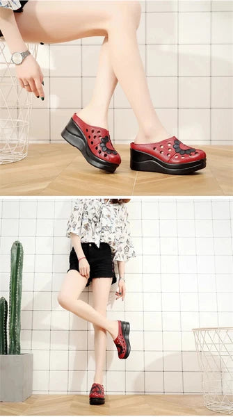 Ethnic Style Leather Women Shoes Sandals Platform wedges Slides Summer Slipper