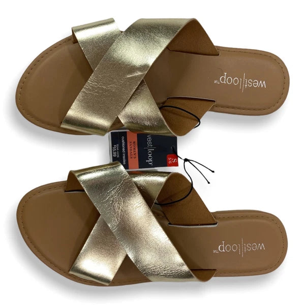 WOMEN'S SMALL (5/6) Metallic Gold Casual Flat Crossover Slide Sandals Cushioned