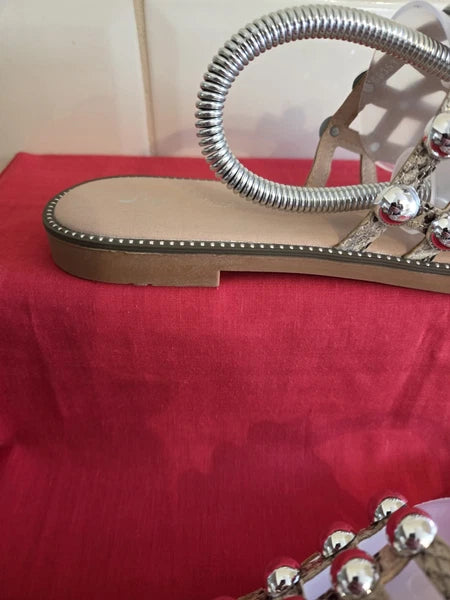 Women's Natural Snake Effect Slides Flip Flops With Chrome Studding Size 6