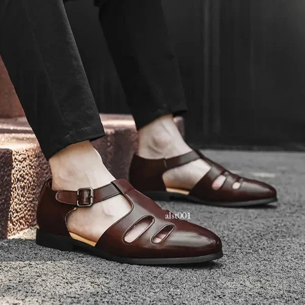 Roman Style Mens Closed Toe Sandals Hollow Out Buckle Flat Business Formal Dress
