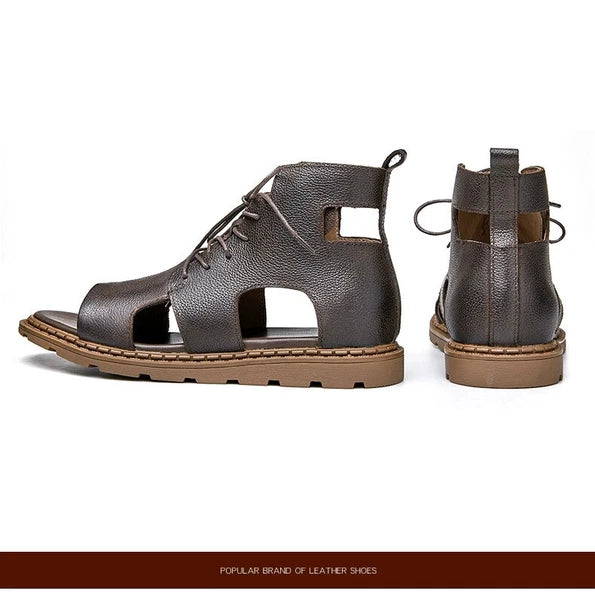 Roman Style Open Toe Sandals Ankle Boots Beach Real Leather Men Shoes Hollow Out