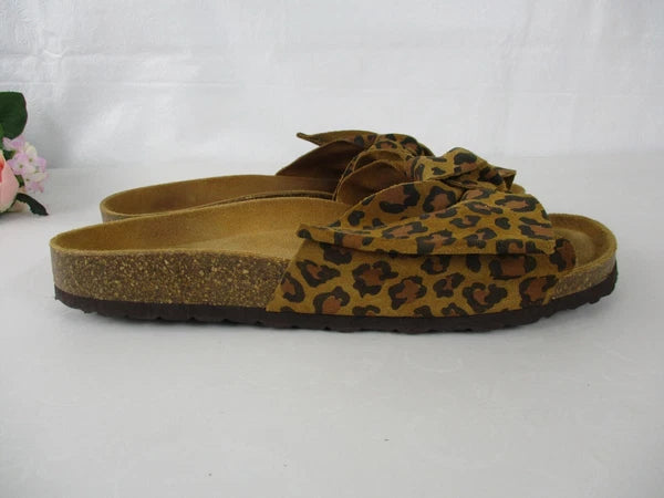 Joules Bayside Leopard Bow Slip On Madrid-Style Sandals size 40 Leather Upper