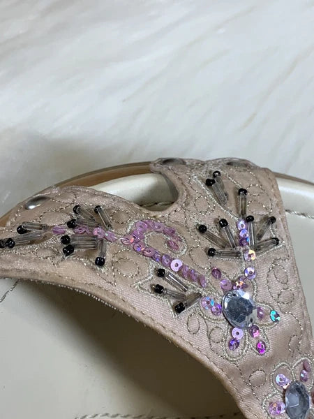 Paris Blues Slides Sandals Champagne Beaded Wm’s Size 10 Adalia-21 #754300