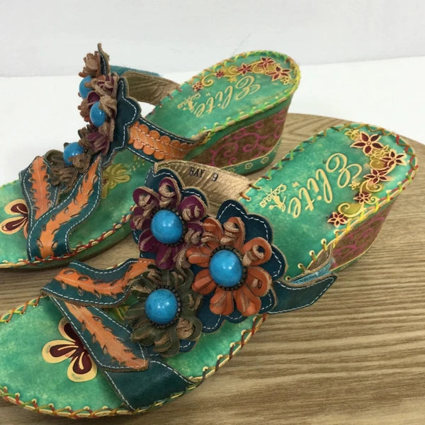 Corkys Elite Bay Leather Beaded Flower Slide Wedge Sandals Blue Green Artsy Sz 9