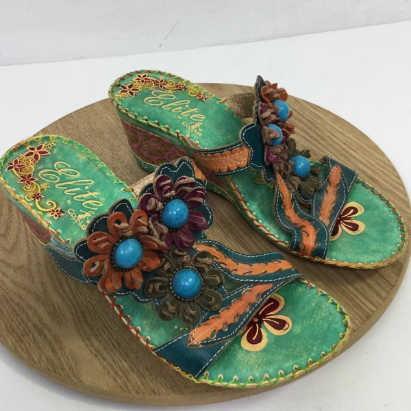 Corkys Elite Bay Leather Beaded Flower Slide Wedge Sandals Blue Green Artsy Sz 9