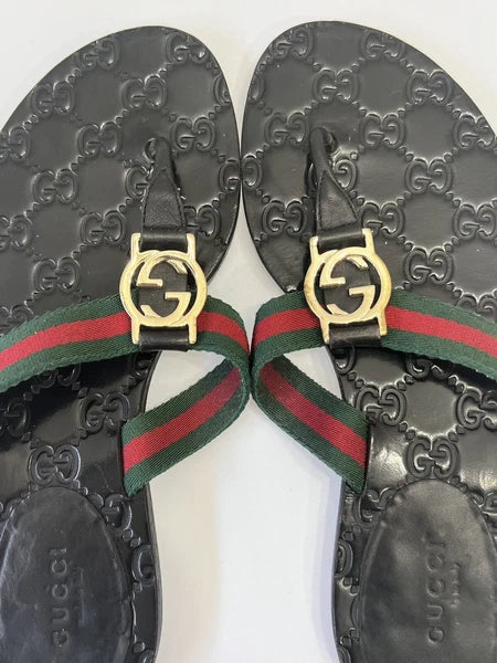 Gucci GG Web Stripe Thong Sandals EU 36 US 6 Black Flat Flip Flop Slide Slipper