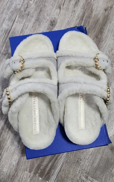 STUART WEITZMAN Piper Chill Slide Sandal Pearl White Shearling Suede Size 9.5