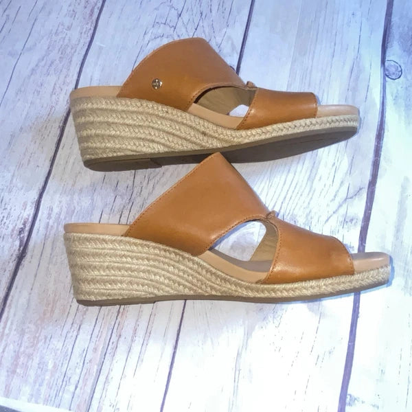 UGG Eirene Wedge Espadrille Slide Sandals Tan Brown Leather Womens 10