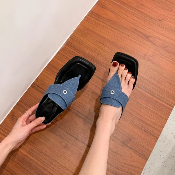 New Womens High Block Heel Slippers Sandals Summer Fashion Square Toe Mules Size