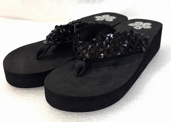 Wedge Sandals Women Flip Flops Rhinestone Sparkle Black Beaded Floral Size 9/10
