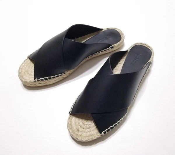 NIB Vince Castel Leather Crisscross Flat Espadrille Slide Sandal Black Sz 5 $225