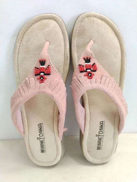 Minnetonka Pink Fringe Leather Suede Thong Sandals Western Style-Size 8