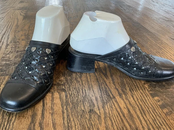 Brighton Fanny  Block Heel Slide Woven Black Leather Shoe Mule Women's Size 8 M