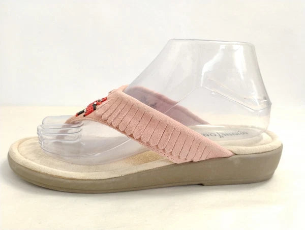 Minnetonka Pink Fringe Leather Suede Thong Sandals Western Style-Size 8