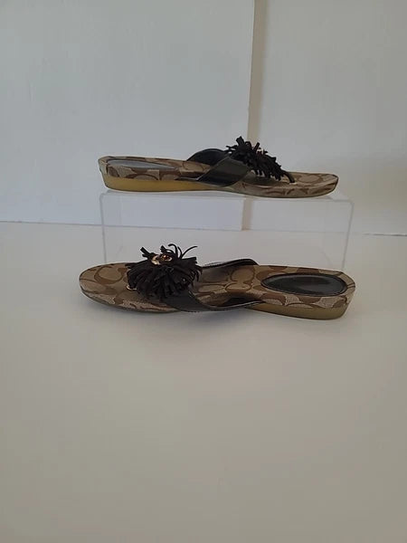 Coach Suki Fringe SZ 6B Sandals Flower Signature Thong Flip Flop Brown Y2K Style