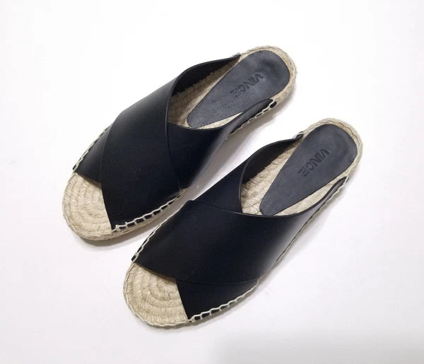 NIB Vince Castel Leather Crisscross Flat Espadrille Slide Sandal Black Sz 5 $225